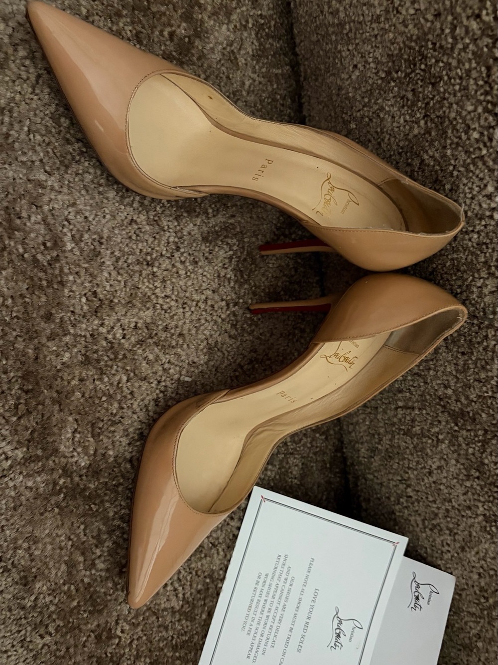 Christian Louboutin Nude Patent Pointed-Toe Pumps with Red Heel